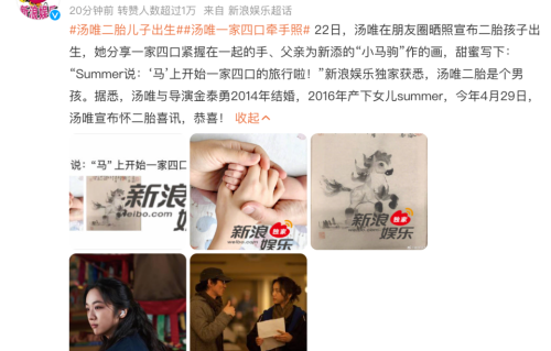 汤唯46岁诞下二胎儿子，结婚12年儿女双全，外公提前半月画好小马驹相迎