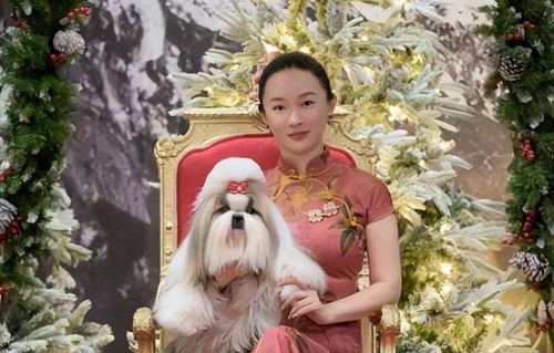 中国第1只蒙古獒夺冠，霍思燕带爱犬参赛，盘着低发髻，素面朝天，穿粉色苏绣旗袍亮眼